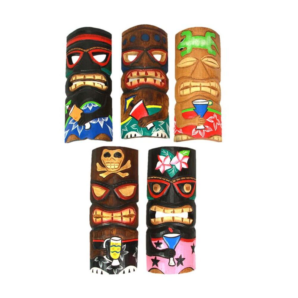 Set of 5 Polynesian Style Wooden Tiki Masks 10 in.